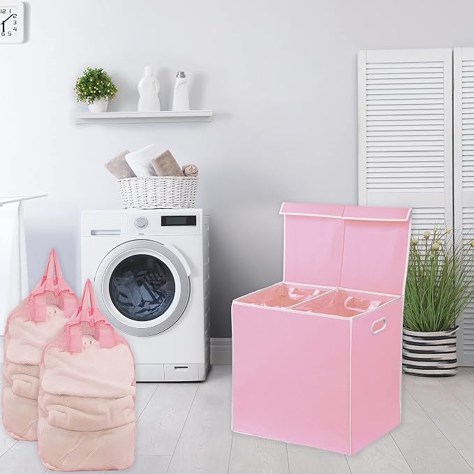 Simple Houseware Double Laundry Hamper with Lid & Removable Bags, Pink