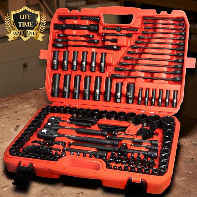 160Pc Mechanics Socket Set 1/2 1/4 3/8" Drive Metric | CR-V Deep & Shallow Sockets, Metric, Quick Release Ratchet, Professional Tool Kit for Auto Repair, Truck, Garage & Home DIY