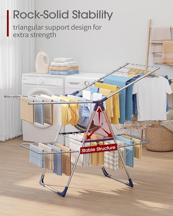 Sakugi Clothes Drying Rack, Foldable 2-Level with 55.5" Adjustable Wings | Laundry Room, Bedroom, Indoor & Outdoor Use, Height Adjustable, Clothing & Bedding, 55.5" L × 22.8" W, Silver and Blue