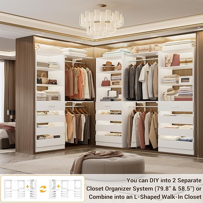 Aheaplus Closet System with 12 Drawers, 138.5" Wood Closet Organizer System with 4 Hanging Rods & Top Shelves, 6.7+4.85Ft L Shaped Corner Walk-in Closets Wardrobe Organizer Rack, Set of 3, White