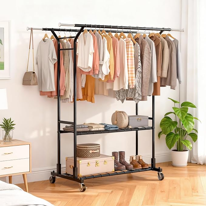 Luxspire Heavy Duty Clothes Rack Load 650 LBS, Double Rod Clothing Racks for Hanging Clothes, Rolling Garment Racks with Lockable Wheels, Shelves, Adjustable Laundry Hanging Rack, Black