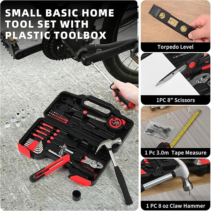 144-Piece Red Home Tool Set, Household Hand Kit with Plastic Toolbox | Basic repair tools for women & college students, all-purpose dorm set for home, apartment, office & daily household DIY use