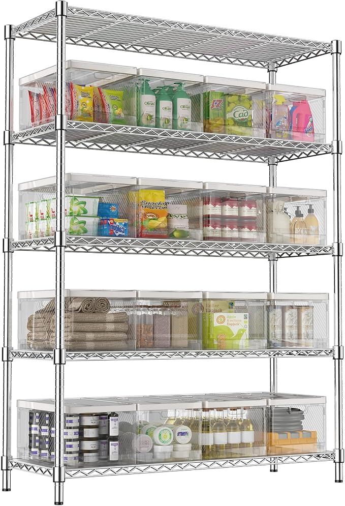 48" W Garage Shelving 1875 LBS Heavy Duty Wire Shelving Unit, Metal 5-Tier Adjustable Steel Storage Rack with Liners, 48" W x 18" D x 72" H for Pantry Kitchen Commercial, Chrome