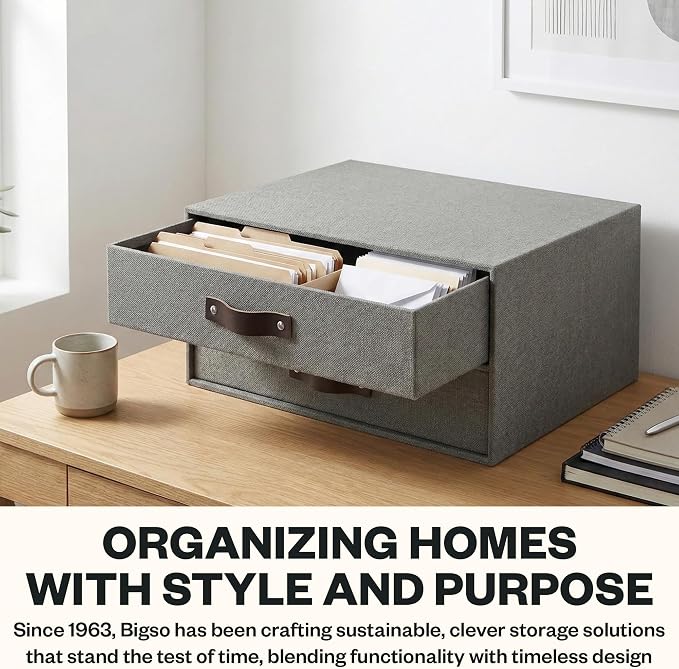 Bigso Birger 2-Drawer Canvas Fiberboard Easy Pull Handle Document Letter Box | Desktop Drawers for Loose Papers and Documents | Desktop Storage Drawers with Leather Handles | 13.1” x 10” x 5.7” | Grey