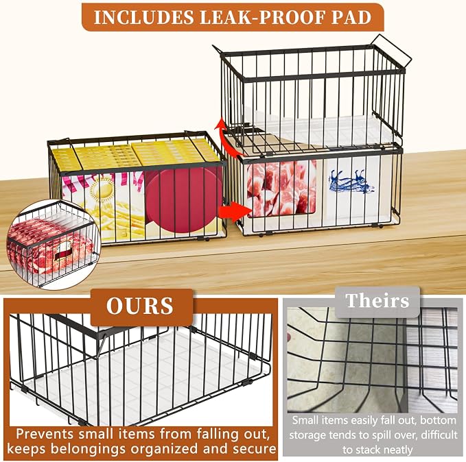 Large Freezer Organizer Bins, Upgrade Quick Expand/Collapse Feature, for 5-9 Cu.Ft Deep Freezer, 6 Pack Stackable Deep Freezer Organizer Bins, Black Wire Foldable Baskets (Black 6 Pack)