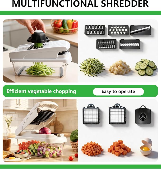 Laxeqohck12 in 1 Vegetable Chopper with Container, Stainless Steel Blade Onion Dicer, Safe Hand Guard Mandoline Slicer, Multifunctional Potato Grater Cutter for Kitchen Meal Prep Salad Making (white)