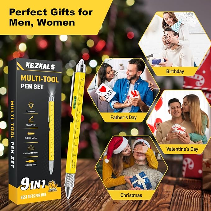 Gifts for Men 9 in 1 Multitool Pen Stocking Stuffers for Men Adults | Birthday Gifts for Mens, 9-1 Multi Tool Pen, Mens Gift for Him Dad Husband, Anniversary Christmas Gift for Him, Cool Gadgets