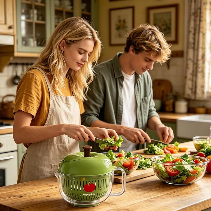 Salad Spinner, Hand Cranked Fruit Washing Spinner with Handle, Multifunctional Fruit and Vegetable Washing Bowl with Drain Basket, Reusable Salad Dehydrator Drainer for Home Kitchen