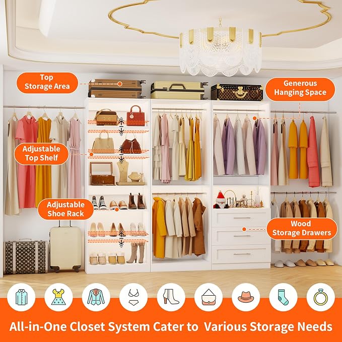 Closet System of 3 Sets, 6-15FT Closet Organizer System Wood with 3 Drawers & 7 Shelves, Walk in Closet Organizer Shelving System with 6 Hanging Rods, Modular Closet System Kits Adjustable, White