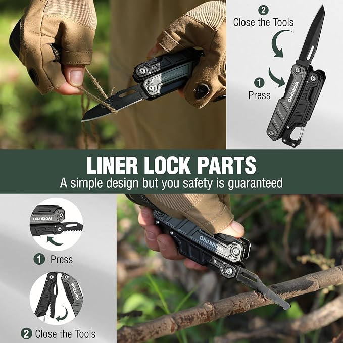 WORKPRO 11 in 1 Multitool Pliers with Pocket Clip and Sheath | EDC Multi Tool Knives with Safety Lock-Camping Tools Pocket Knife with Screwdriver Saw Blade Wire Cutter and Bottle Opener