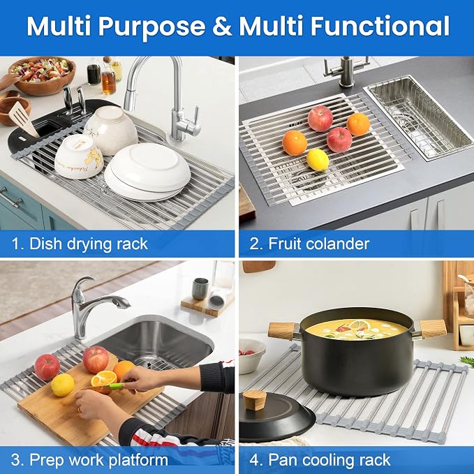 304 Stainless Steel Roll Up Dish Drying Rack | Adjustable Over The Sink Dish Drying Rack for Kitchen, 10"-20" Foldable Dish Rack for Drying Dishes & Draining Items