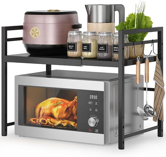DOLALIKE Microwave Oven Rack, Expandable Microwave Stand Countertop Kitchen Utensils Tableware Storage, Carbon Steel Over Microwave Shelf Countertop with 3 Hooks | Adjustable Microwave Oven Rack Metal Storage Shelf for Pans Small Appliances Kitchen Ute...