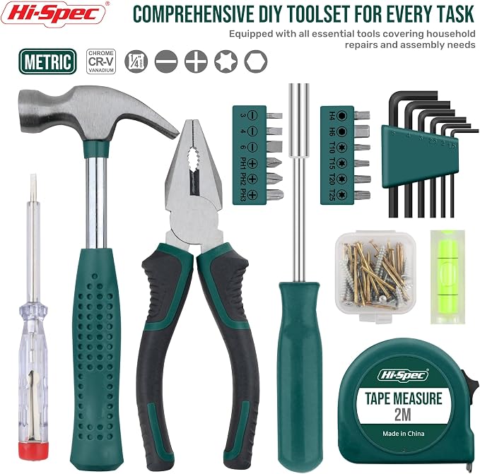 Hi-Spec Small Tool Kit Compact Set for Home and Office DIY, Green | 25pc, Mini Tool Box, Household Repairs, Portable Starter Toolkit, Quick fix and maintenance, Essential tools, New home owners