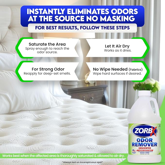 ZORBX Unscented Odor Eliminator Spray 64 Oz Refill, Hospital-Grade Formula | Permanent Odor Remover for Pet & Human Urine, Smoke & Strong Odors, Carpet, Upholstery, Mattress, Bathroom, Basement & More