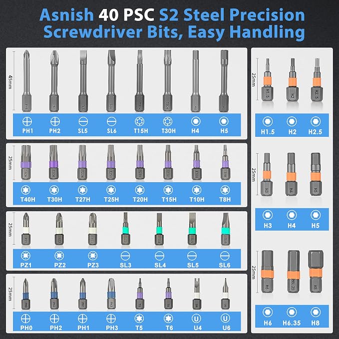 Asnish 42 in1 Magnetic Ratcheting Screwdriver Set with Multi Bit Tool Kit | Compact repair kit with storage case for electronics, computers, laptops, watches, bicycles and DIY repairs