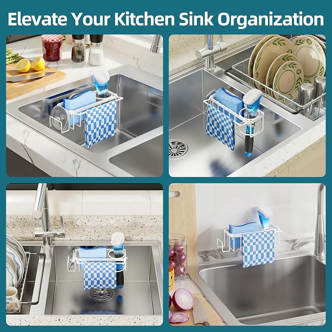 TAILI 4-in-1 Sink Caddy with Strong Suction Cup, Sponge Holder for Kitchen Sink Organizer, Removable, Rustproof, Stainless Steel Holder for Sponge, Brush, Scrubber, Scraper - White