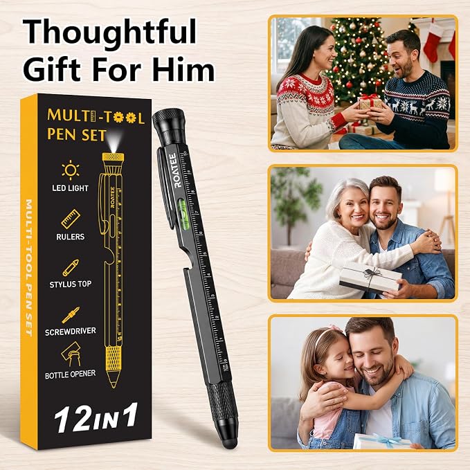 ROATEE Fathers Day Men Multi Tool Pen 12 in 1 Cool Stuff Gadgets Gift for Husband Dad Birthday Personalized Gifts Fidget Construction Pen with Small Screwdriver, Level, Ruler,Led Light, Black