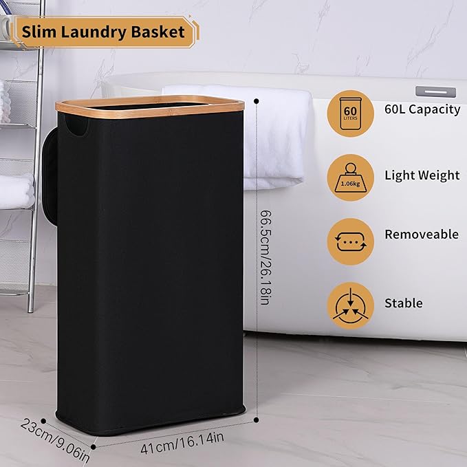 iEGrow 65L Slim Laundry Hamper, Narrow Laundry Basket with Lid，Black | Foldable Clothes Hamper with Bamboo Handles,Hamper Basket with Removable Inner Bag for Laundry Room Bedroom College Dorm