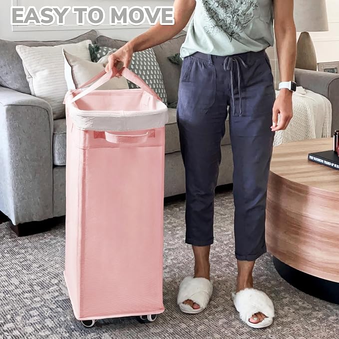 CHICVITA 100L Slim Collapsible Laundry Basket with Wheels, Pink | Rolling laundry basket for living room and college dorm. Folds flat for storage when not needed