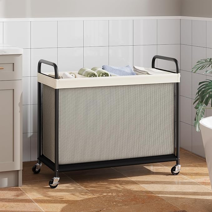 ELYKEN Laundry Hamper 4 Section, 140L Rolling Laundry Sorter with Wheels | Removable Washable Liner Bags, Sturdy Steel Frame and Metal Handle, 4 Divided Clothes Hamper Cart for Laundry Room & Bedroom