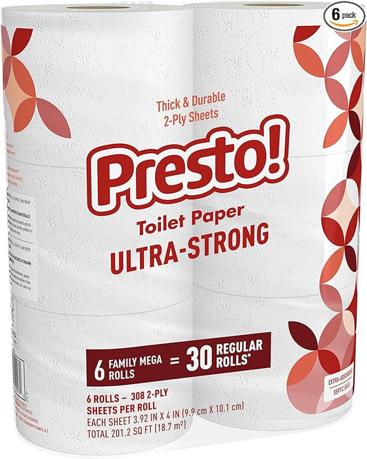 Amazon Brand - Presto! Ultra-Strong 2-Ply Toilet Paper, 6 Mega Rolls = 30 Regular Rolls, 308 Sheets Per Roll, Unscented