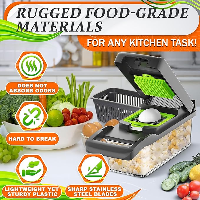 14-in-1 Vegetable Chopper with Container – Veggie Chopper with Container and Lid Includes 6 Blades, Cheese Grater, Egg Separator | Finger Guard, Dishwasher Safe – Veggie Dicer for Chips, Cubes, Strips