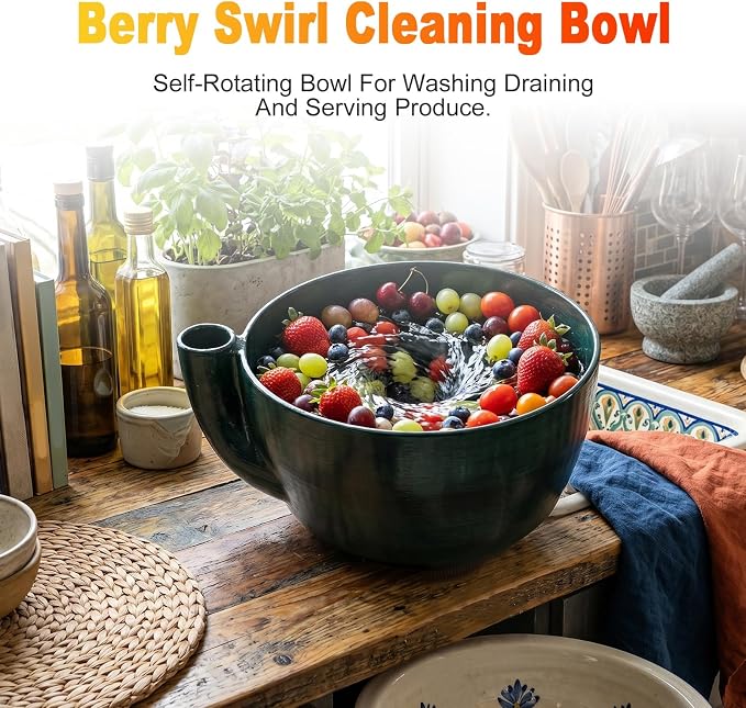 Self Spinning Berry Washing Bowl, Fruit Washer Spinner with Drain Base, 360 Deep Cleaning Swirling Berry Bowls for Cleaning Berries, Vegetables (with Drain)