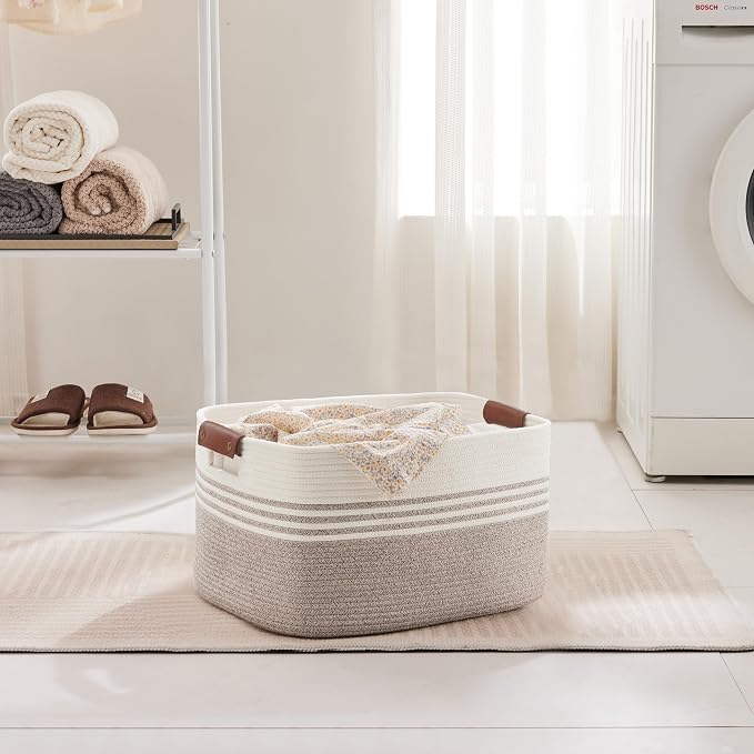 45L Small Woven Laundry Basket Hamper with Leather Handles,Brown | collapsible wicker hamper, storage for dirty clothes, toys, blankets, gifts, living room, bedroom, bathroom, 18"x14"x11"
