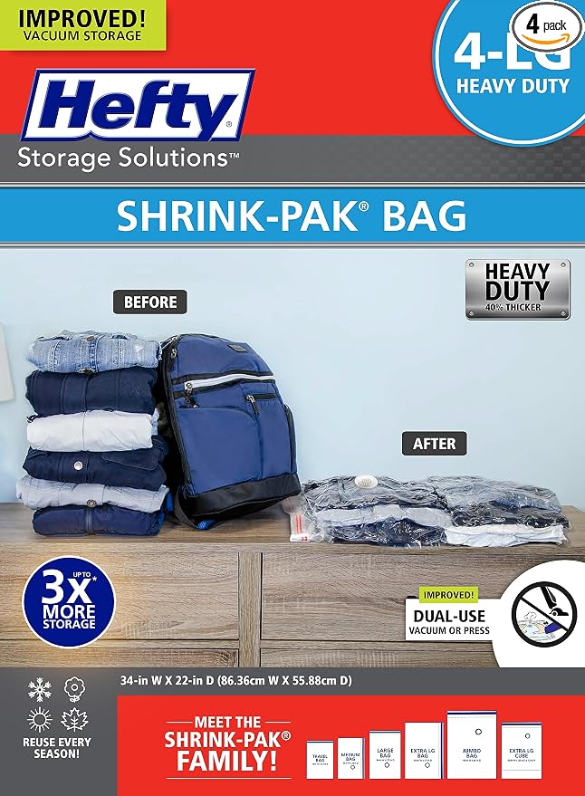 Hefty Vacuum Bags for Clothes 4 Pack, Space Saving Large Vacuum Storage Bags (34 X 22 Inches) Compression Seal for Bedding, Travel Pump Included (4 Large Heavy Duty)