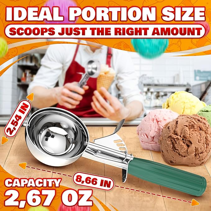 2.67Oz Ice Cream Scoop with Trigger #12 - Ice Cream Scooper for Portion Control, Gelato, Cookie Dough, Meatballs - Stainless Steel, Easy to Use & Clean, Rust & Stain Resistant, Ergonomic Non-Slip Grip