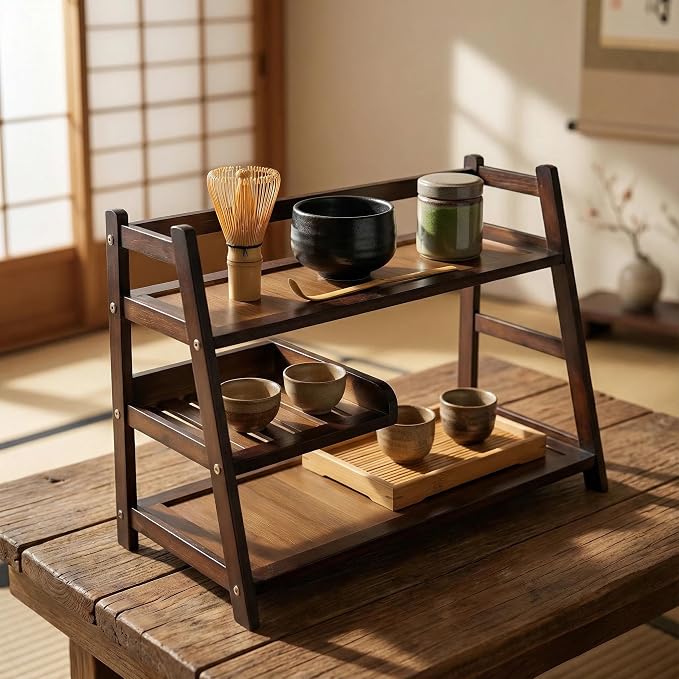 3 Tier Bamboo Matcha Station, coffee station organizer Shelf | for Kitchen Countertop, Tea Bar - Matcha Powder, Tools & Cup Organizer for Matcha Lovers, Home Baristas.