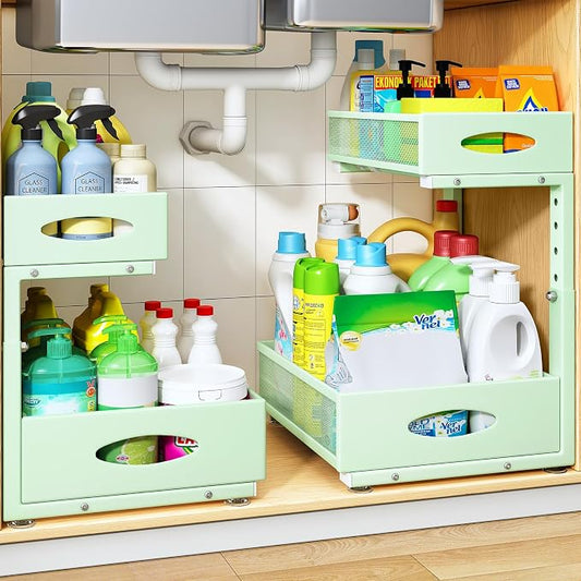 Under Sink Organizer, 2 Tier Pull Out Under Cabinet Organizer Shelf with Pad for Framed Cabinets, Metal Slide Out Under Sink Storage, Mesh Sliding Drawers for Kitchen Bathroom Laundry(Green, 1 Pack)