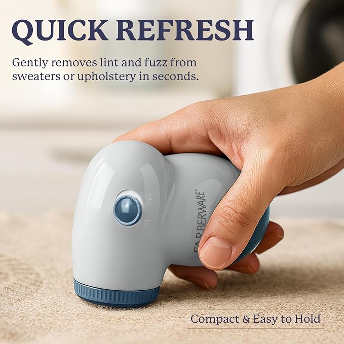 Farberware Fabric Shaver & Lint Remover for Clothing, Small, Portable | Triple blade sweater shaver removes pilling, fuzz, and lint balls from clothes, couch, and furniture, battery operated