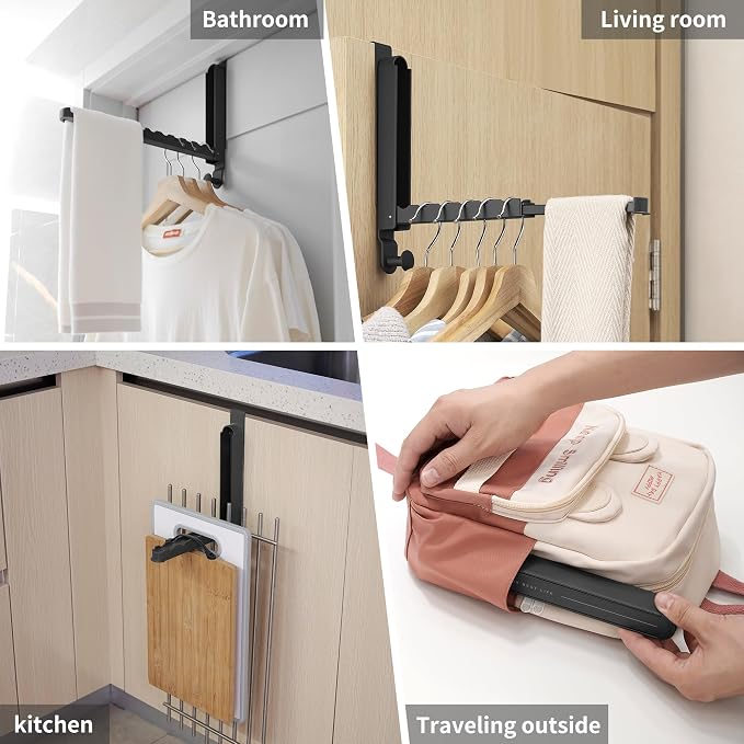 RFOUO Over The Door Hooks Hanger,Fit Door up to 1 3/8", Black, 1 Pack | Aluminum,Retractable Rod, Space-Saving, Foldable Over The Door Drying Rack,No drilling, For Laundry Bathroom Bedroom Travel