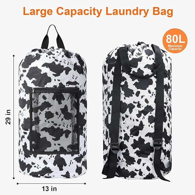 Laundry Bag Backpack Durable Laundry Bag with Shoulder Straps and Mesh Pockets Portable Laundry Hamper Dirty Clothes Bag for College, Travel, Laundromat, Apartment (Cow Print)