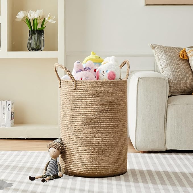 80L Large Jute Woven Laundry Hamper Tall Wicker Laudnry Basket | Rope Clothes Hamper Boho Blanket Basket in Living Room Bedroom 16"D x 22"H Extra Large