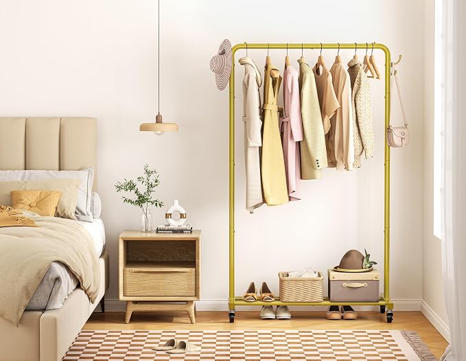 HOMIDEC Clothes Rail, Metal Clothes Rack with 4 Side Hooks, Bottom Storage Shelf and Wheels, Heavy-Duty Clothing Rail Holds Up to 40kg, Clothes Rails for Bedroom, Hallway, Clothing Stores, Golden