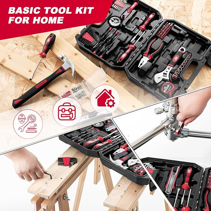 Prostormer 160-Piece Home Tool Set, Starter Tool Kit, Red | Eessential Tools for Household Repairs & DIY Projects, Beginners Friendly, Compact & Portable