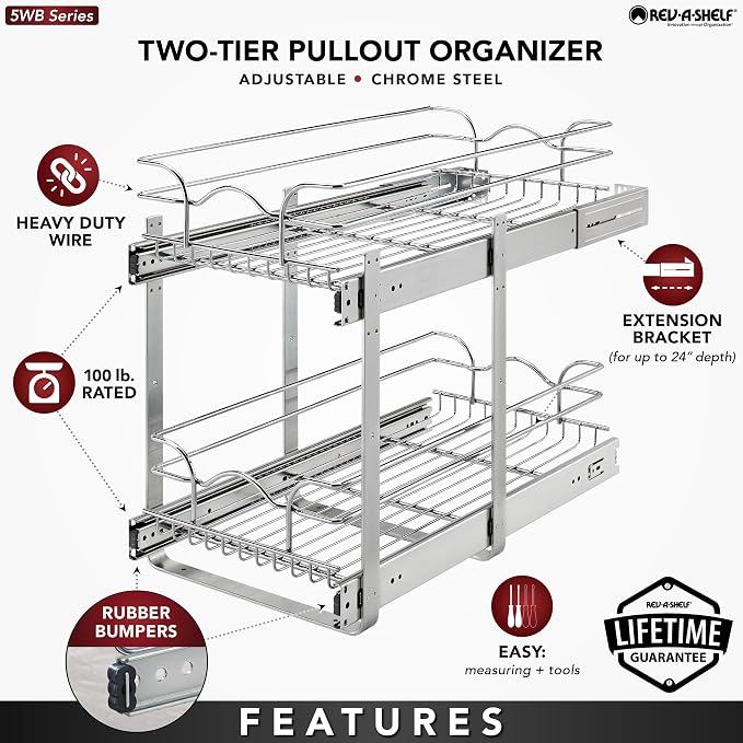 Rev-A-Shelf Pullout Organizer for Cabinets, Min Opening Width of 11.5" | Two-Tier Steel Shelf for Kitchen or Vanity Cabinet Organization, Heavy Gauge Wire Slide Out Storage Basket, 5WB2-1222CR-1