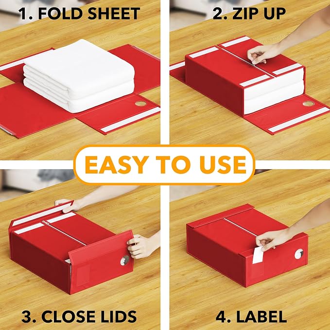 SpaceAid 4 Pack Bed Sheet Organizers and Storage, Foldable Sheet Organizer for Linen Closet, Sheets Set Folder Keeper with Window XL (Queen & King Size) Bedding Container (Red, 4 Pack)