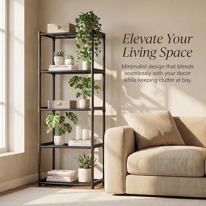 5-Tier Storage Shelves with Plastic Connectors – Metal Shelf Organizer for Pantry, Closet & Bathroom, Space-Saving Sturdy Shelving Unit Rack, Black, 17.3" x 12.8" x 56.7"
