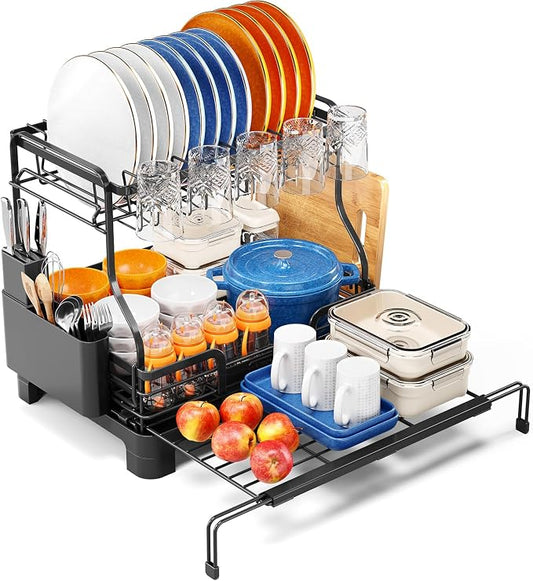 Urackify 2-Tier Expandable Dish Drying Rack for Kitchen Counter, Large Over Sink Dish Drainer with Drainboard & Cup Holder, 3-in-1 Multifunction Dish Rack Organizer, Black