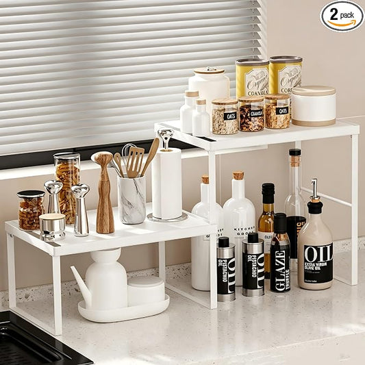 Kitchen Counter Oganizer Stackable Spice Rack for Countertop Kitchen Countertop Organizer Heavy Duty Kitchen Counter Shelf Metal Spicy Shelf for Countertop (2 Pack, White)