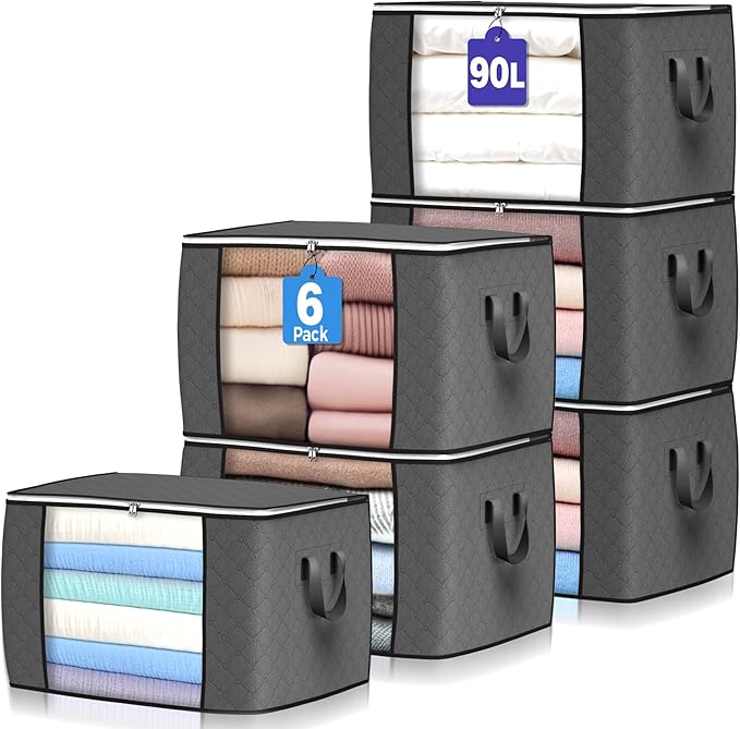 90L Large Storage Bags, 6 Pack Clothes Storage Bins Closet Organizers | Foldable Storage Containers, with Reinforced Handle, for Clothing, Blanket, Comforters, Bed Sheets, Pillows and Toys,Gray