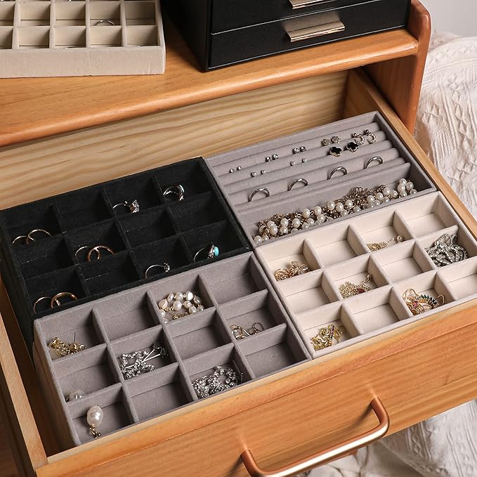 Frebeauty Jewelry Trays for Drawer,Set of 4 Jewelry Organizer and Storage | Velvet Material,Earring Holder Organizer,Stackable Jewelry Display for Vanity,Drawer Inserts for Rings,Studs,8.3×4.9 inch