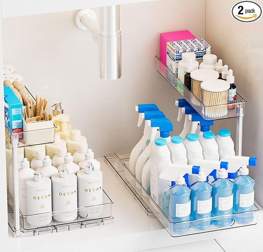 Yieach 2 Pack 14.6″ Deep Pull Out Under Sink Organizer,12.8″ High 2 Tier Slide Out Cabinet Organizer for Kitchen Cabinet,Undersink Organizers,Under Sink Shelves,Bathroom Organizers and Storage,Clear