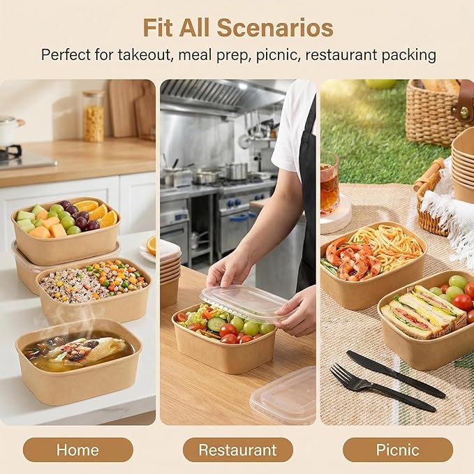 50 Pack Disposable Meal Prep Containers, 22oz Disposable Large Paper Bowls with Lids and Forks for Salad, Noodles, Freezer and Microwavable Storage Use Cardboard Food Containers