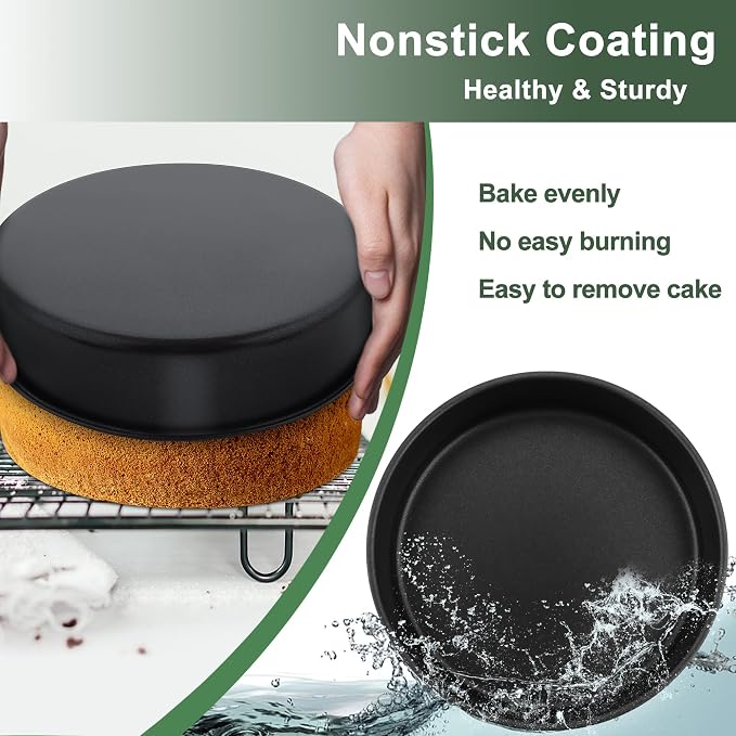 E-far Cake Pan Set of 3 (6 inch/8 inch/9½ inch), Nonstick Round Baking Cake Pans for Tier Birthday Wedding Cake, Stainless Steel Core & Non-Toxic Coating, 2 Inch Deep (Black)