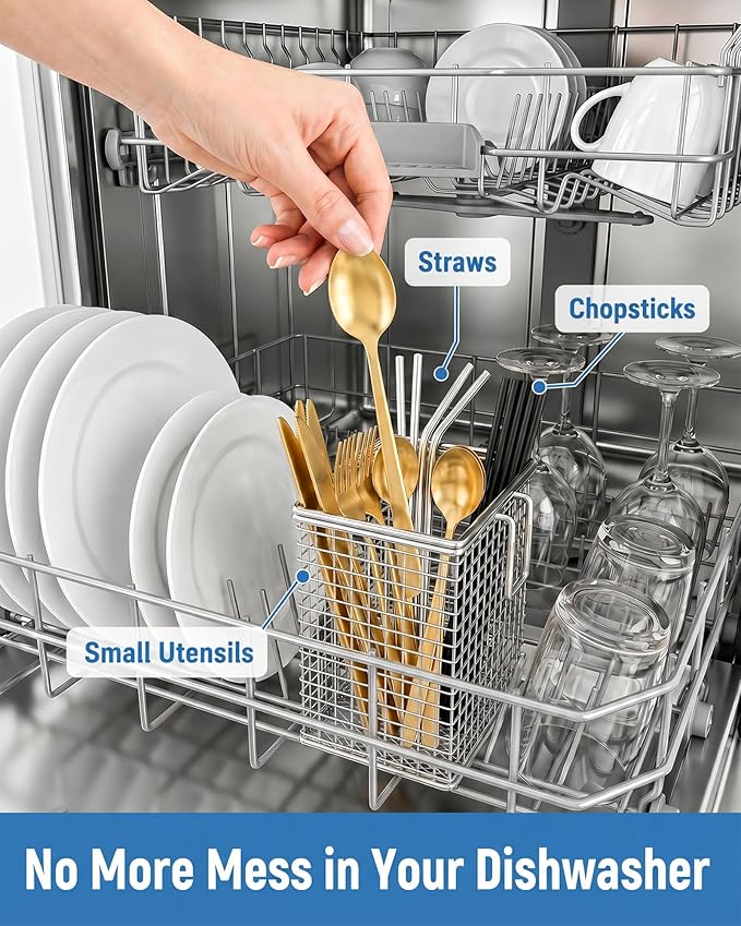 2Pcs Chopstick Holder, 304 Stainless Steel Dishwasher Chopstick Basket with Hooks, Straw & Silverware Drying Rack for Organizing Knife, Fork, Spoons and Small Kitchen Tools