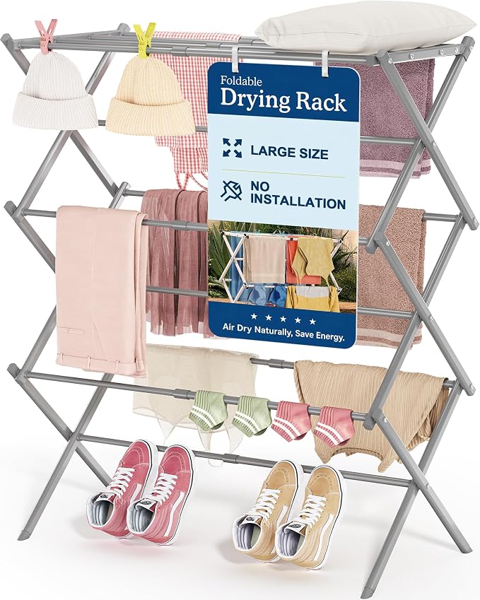 APEXCHASER Oversize 3-Tier Clothes Drying Rack, No Install, Grey | Expandable Design, Non-slip feet, Tool-free Setup, Rust Prevention, Sturdy Construction, 14.9" D x 29.3" W, Holds 24lbs